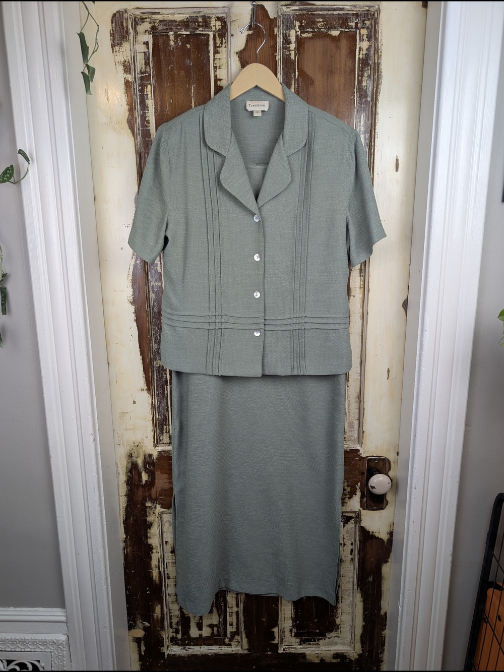 Vintage 90s Tradition 2 Piece Sage Green Sheath Dress Set Wedding Garden Party